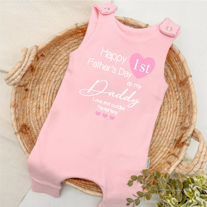 Personalised Happy Father's Day Pink Heart Ribbed Dungarees