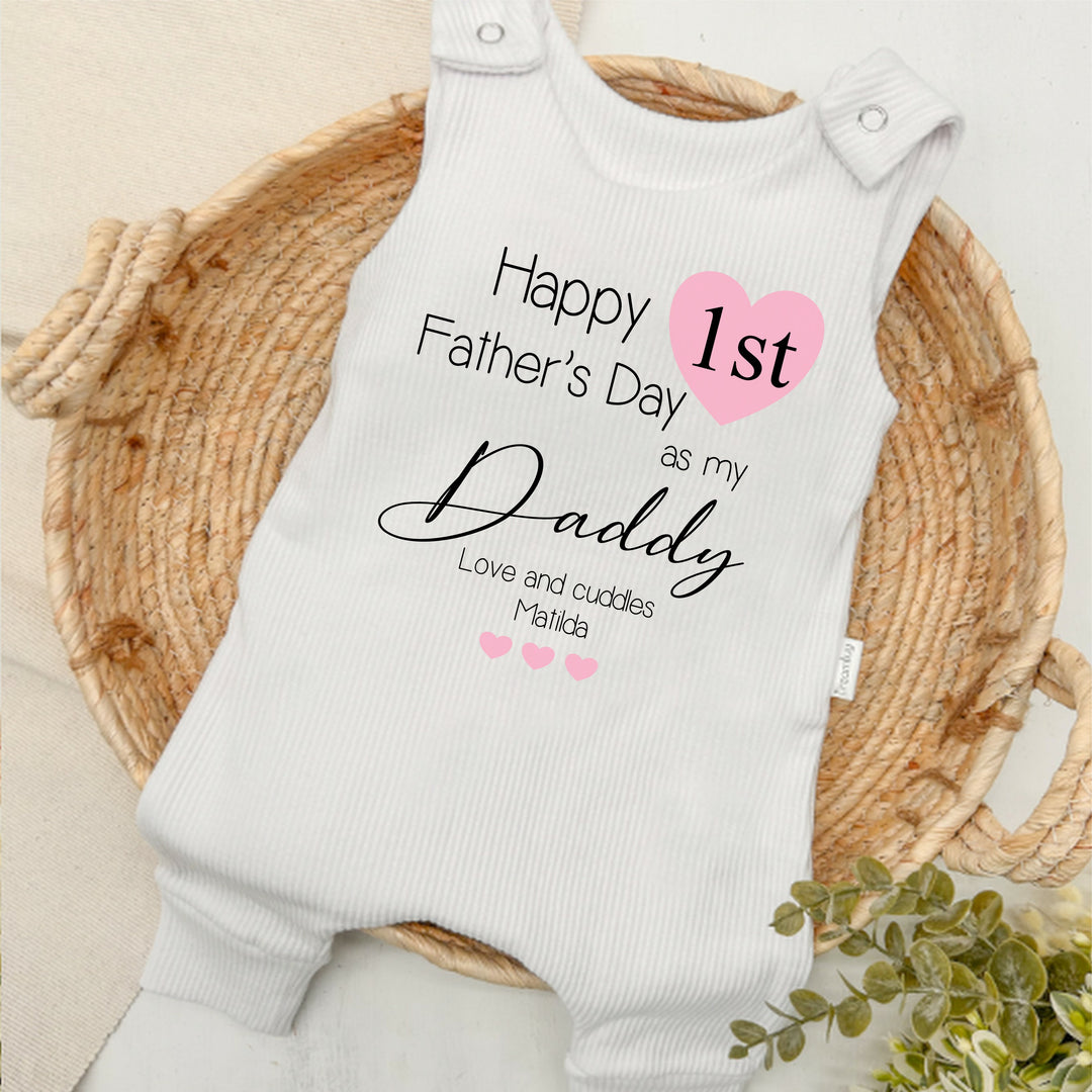 Personalised Pink Heart First Father's Day Ribbed Dungarees