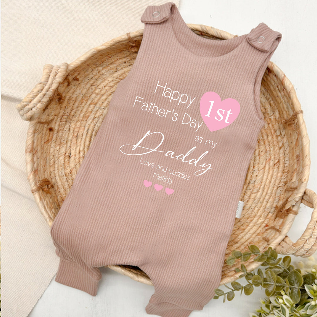 Personalised Pink Heart First Father's Day Ribbed Dungarees