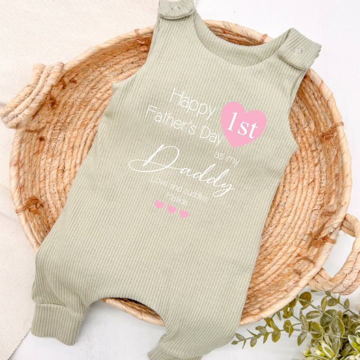 Personalised Pink Heart First Father's Day Ribbed Dungarees