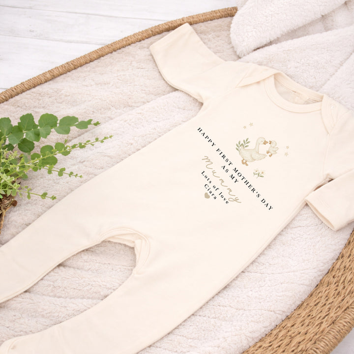 Personalised Ducks Beige Happy First Mother's Day Baby Grow, Vest or Bib