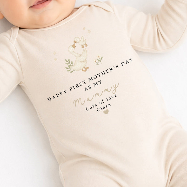 Personalised Ducks Beige Happy First Mother's Day Baby Grow, Vest or Bib