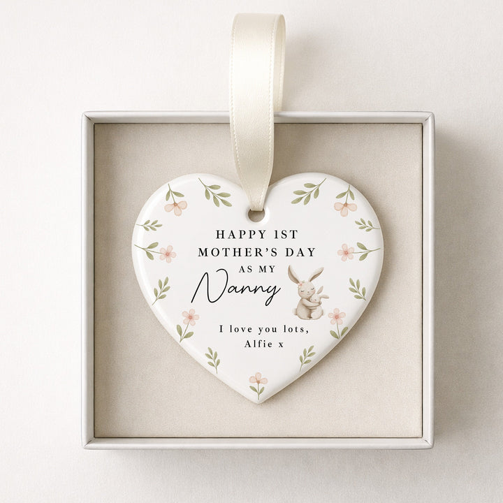Personalised Floral Bunny Happy First Mother's Day Nanny Ceramic Ornament