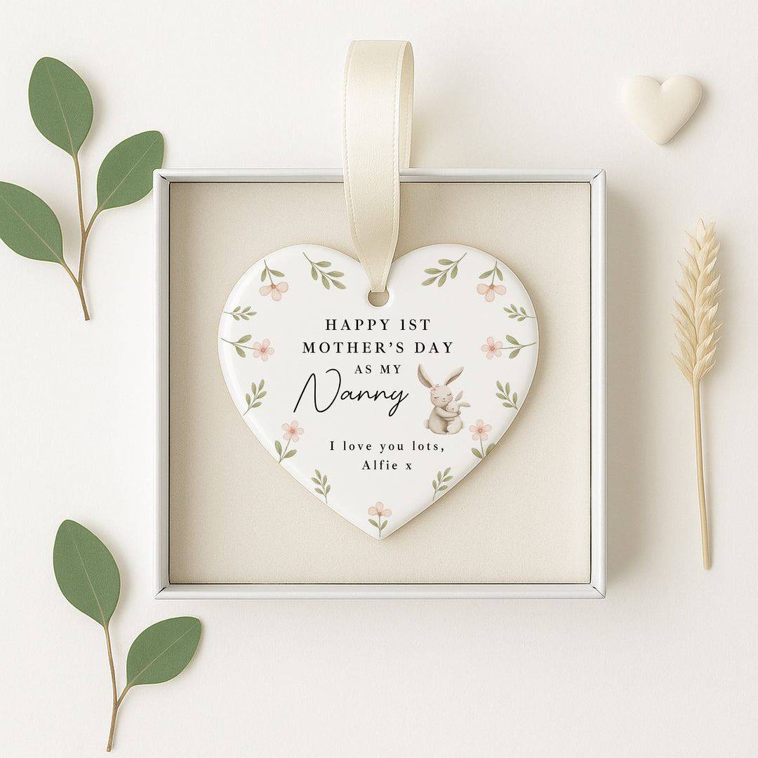 Personalised Floral Bunny Happy First Mother's Day Nanny Ceramic Ornament