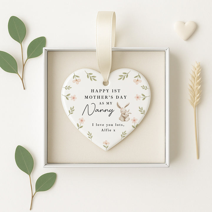 Personalised Floral Bunny Happy First Mother's Day Nanny Ceramic Ornament