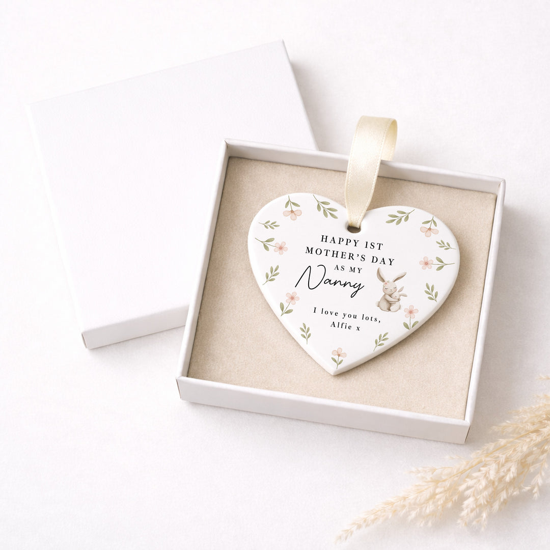 Personalised Floral Bunny Happy First Mother's Day Nanny Ceramic Ornament