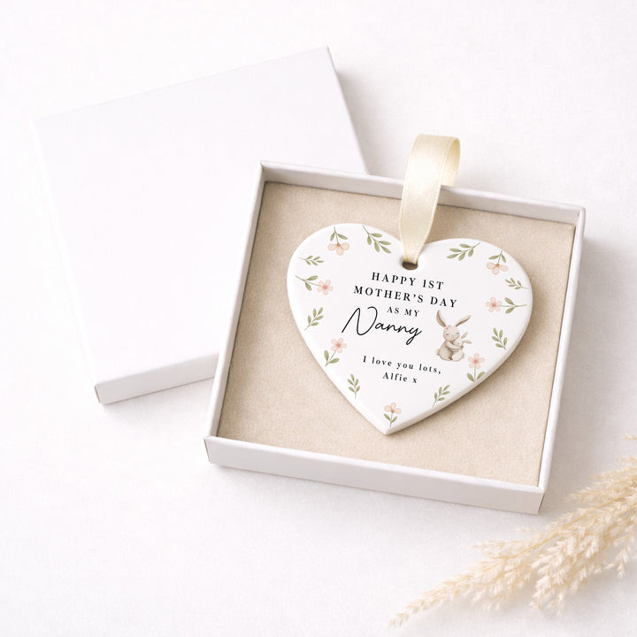 Personalised Floral Bunny Happy First Mother's Day Nanny Ceramic Ornament