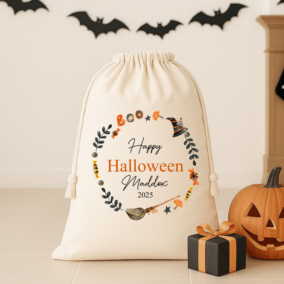 Personalised Happy Halloween Wreath Treat Sack