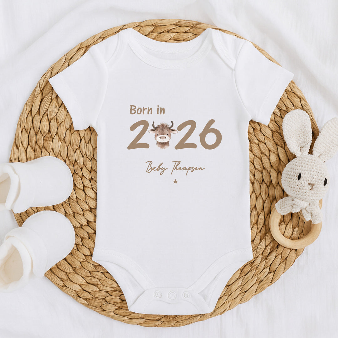 Personalised Highland Cow Born in 2026 Baby Grow, Vest or Bib