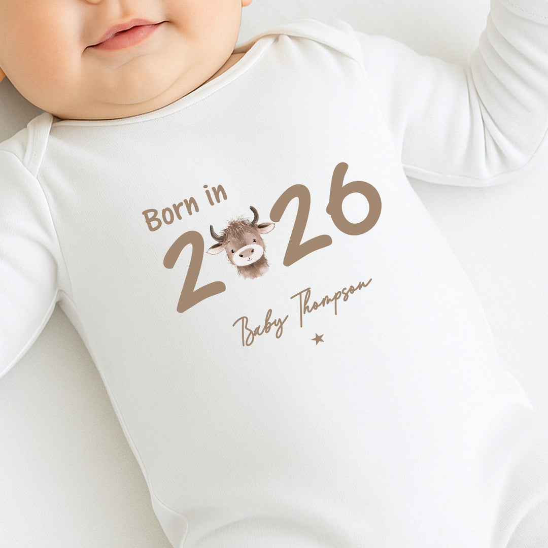 Personalised Highland Cow Born in 2026 Baby Grow, Vest or Bib