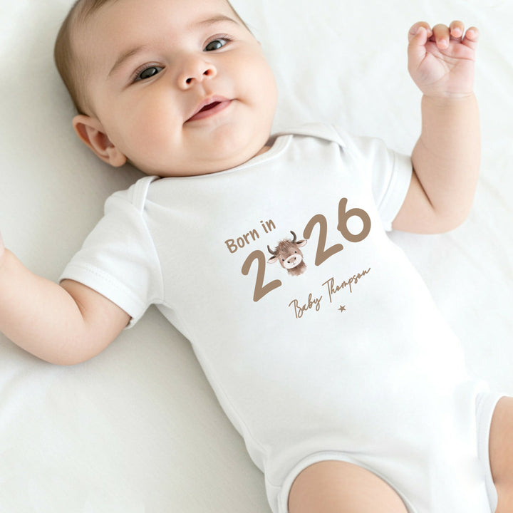 Personalised Highland Cow Born in 2026 Baby Grow, Vest or Bib