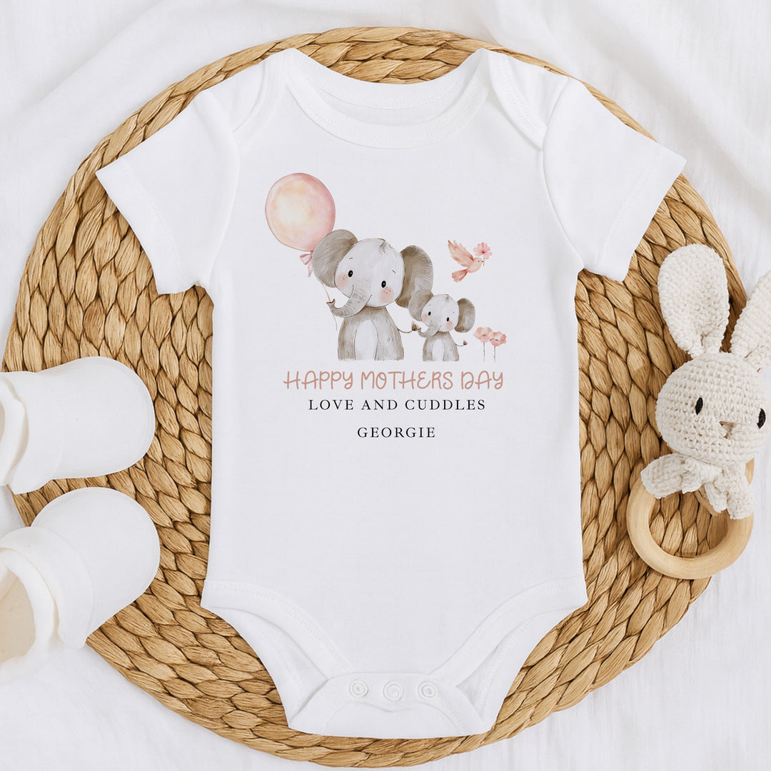 Personalised Elephant Balloon Happy Mother's Day Baby Grow, Vest or Bib