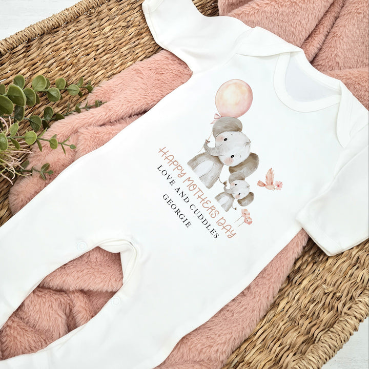 Personalised Elephant Balloon Happy Mother's Day Baby Grow, Vest or Bib
