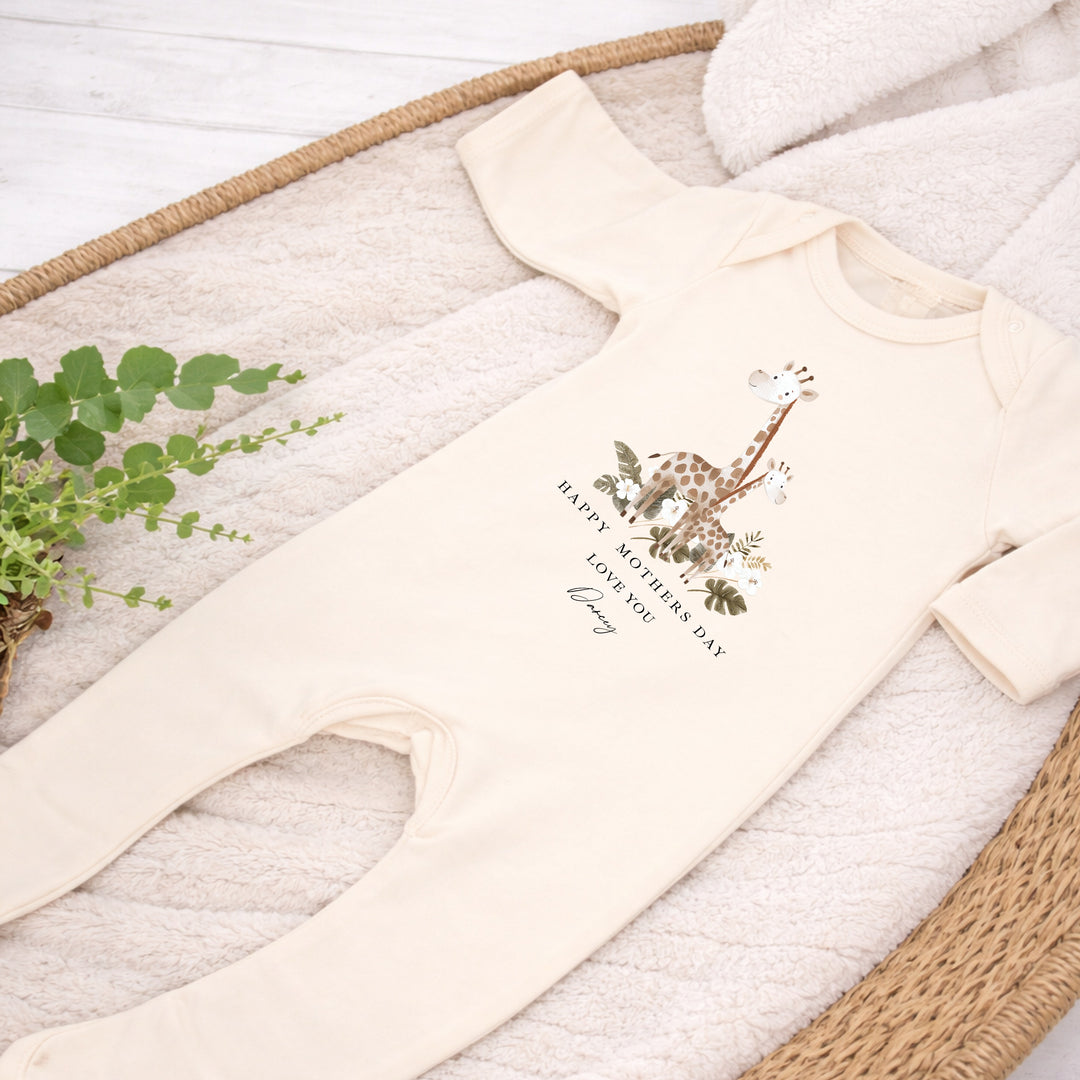 Personalised Beige Giraffes Happy Mother's Day Baby Grow, Vest or Bib