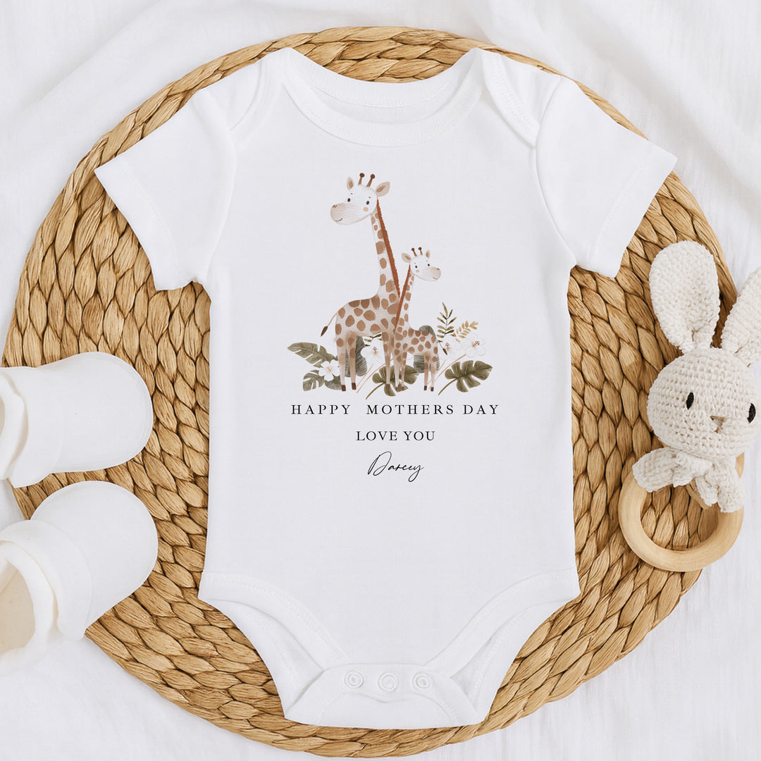 Personalised Beige Giraffes Happy Mother's Day Baby Grow, Vest or Bib