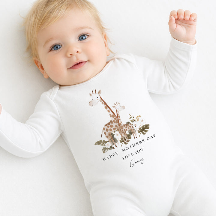 Personalised Beige Giraffes Happy Mother's Day Baby Grow, Vest or Bib
