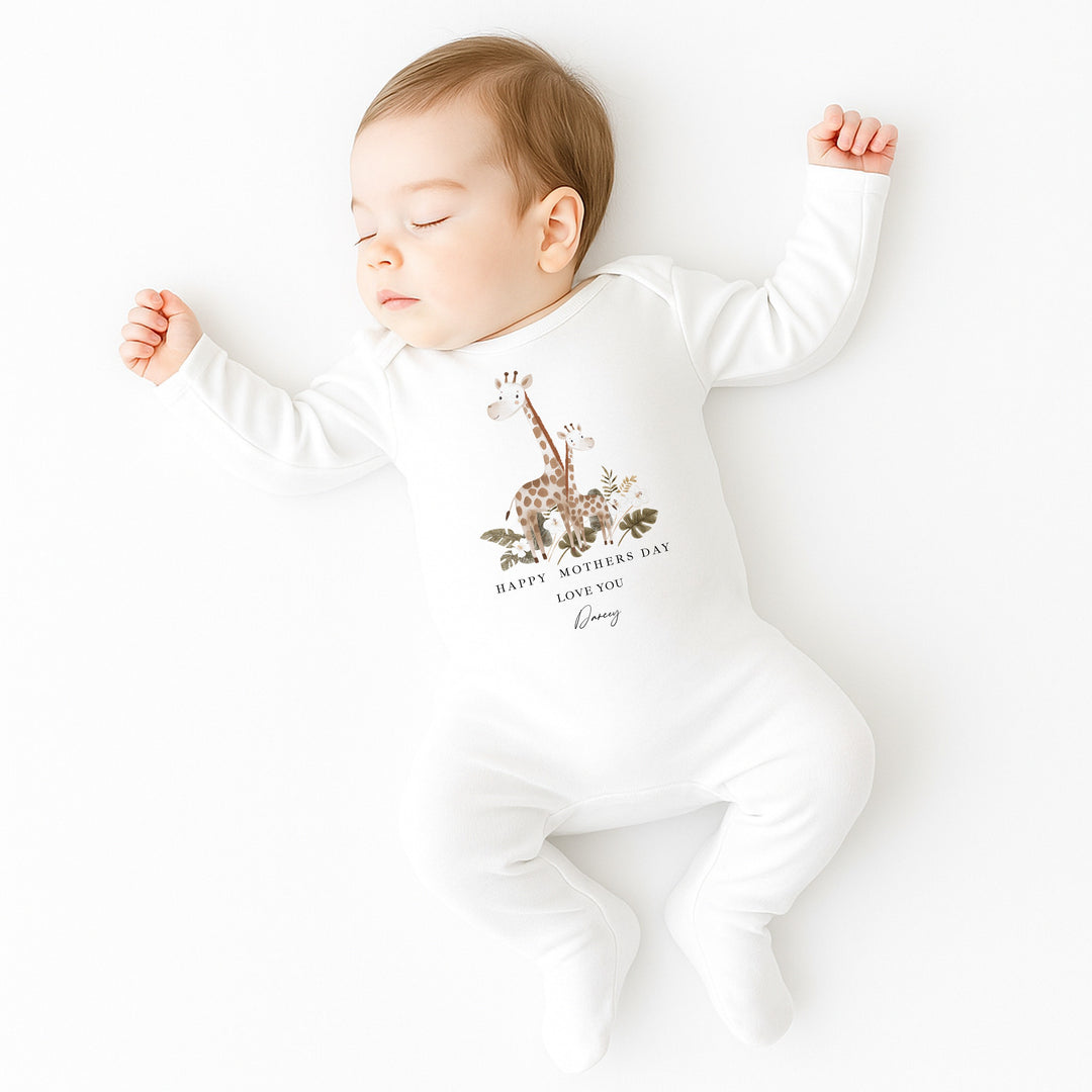 Personalised Beige Giraffes Happy Mother's Day Baby Grow, Vest or Bib