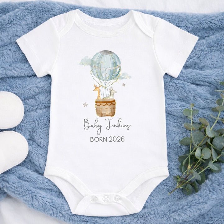 Personalised Blue Hotair Balloon Born in 2026 Baby Grow, Vest or Bib