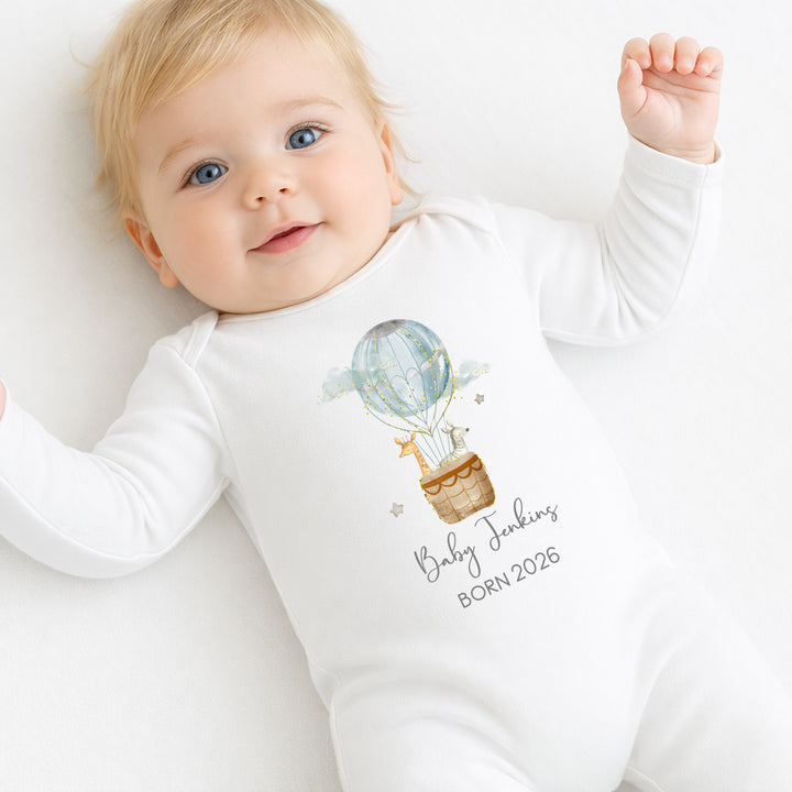 Personalised Blue Hotair Balloon Born in 2026 Baby Grow, Vest or Bib