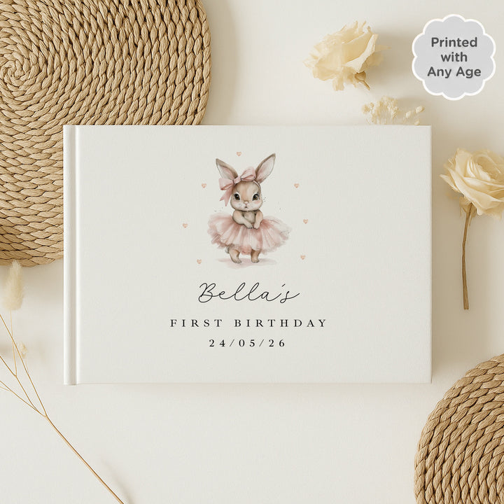 Personalised Pink Ballerina Bunny Any Age Birthday Guest Book
