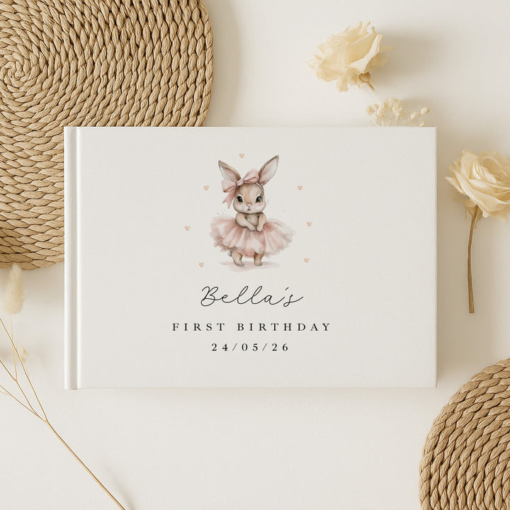 Personalised Pink Ballerina Bunny First Birthday Guest Book