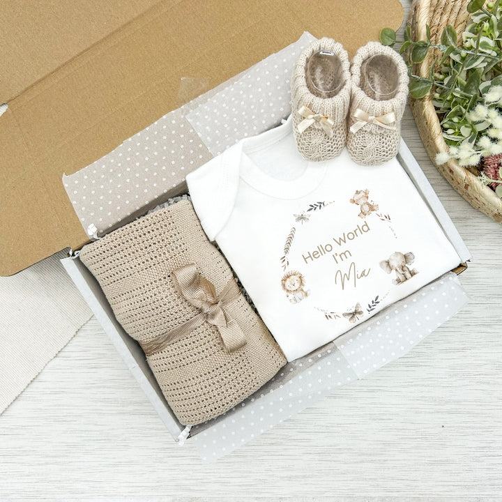 Personalised Unisex Beige Hello World Clothing Hamper Sets