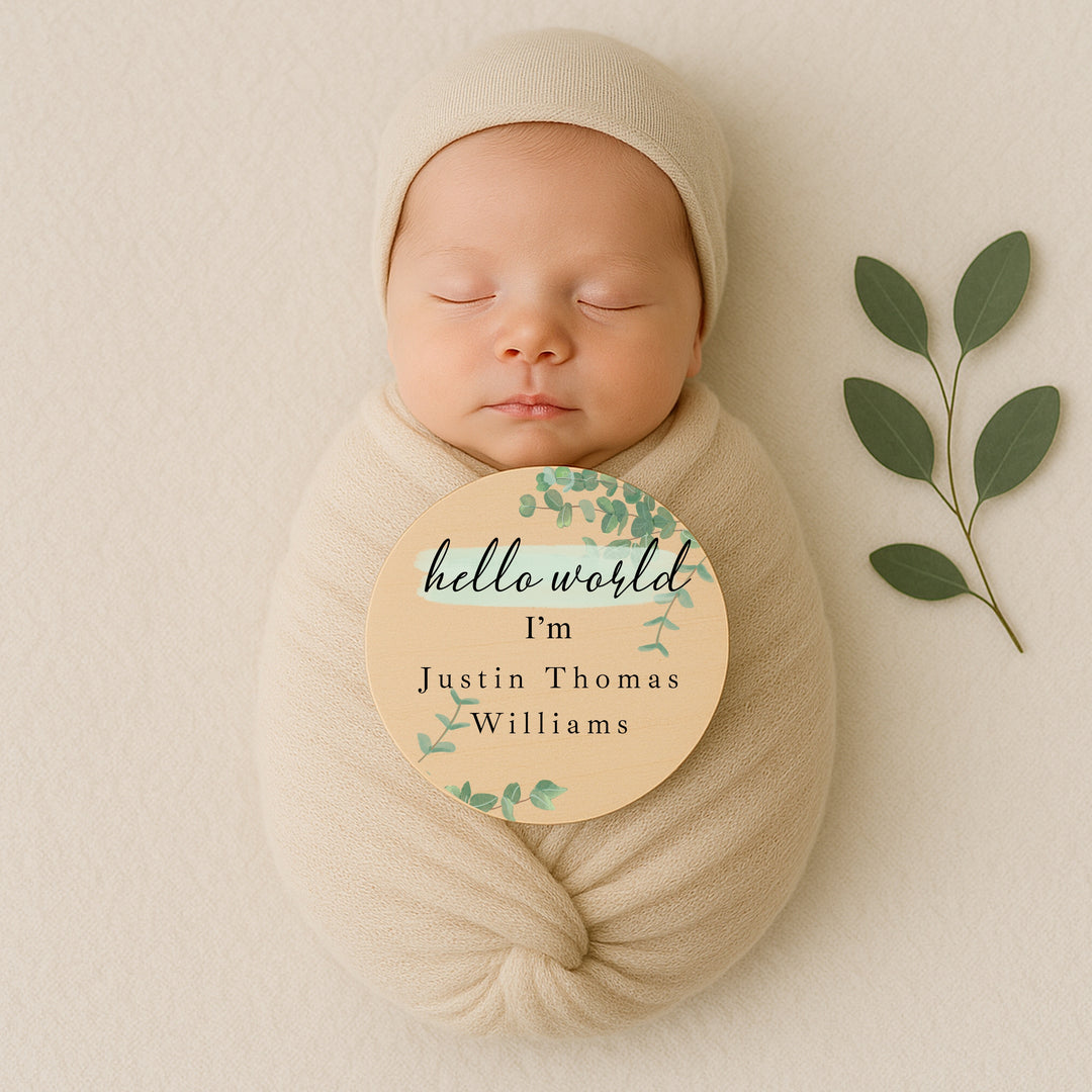 Personalised Green Leaf Wooden Announcement Plaque