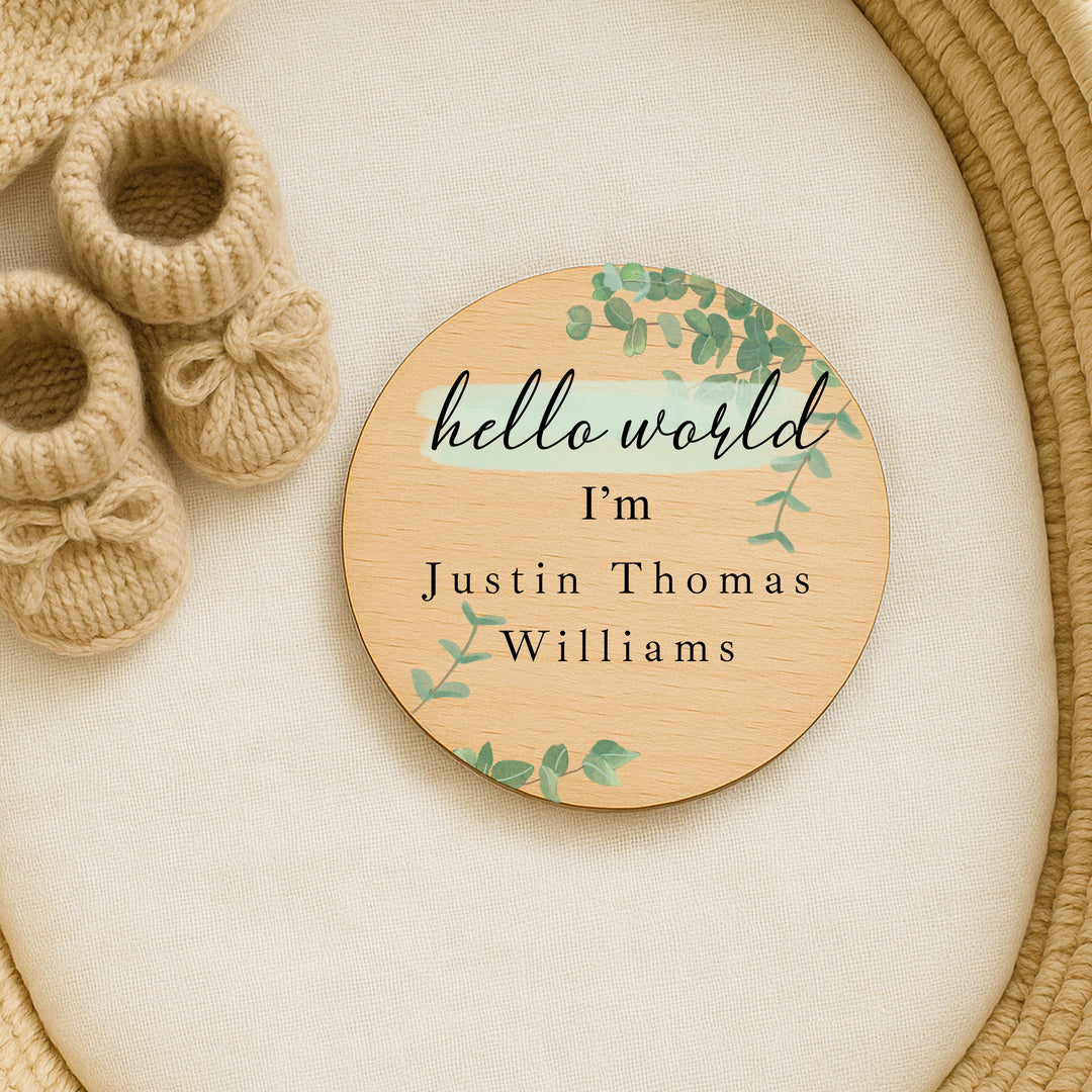 Personalised Green Leaf Wooden Announcement Plaque