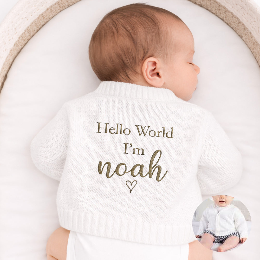 Personalised Embroidered Script Hello World Knitted Cardigan