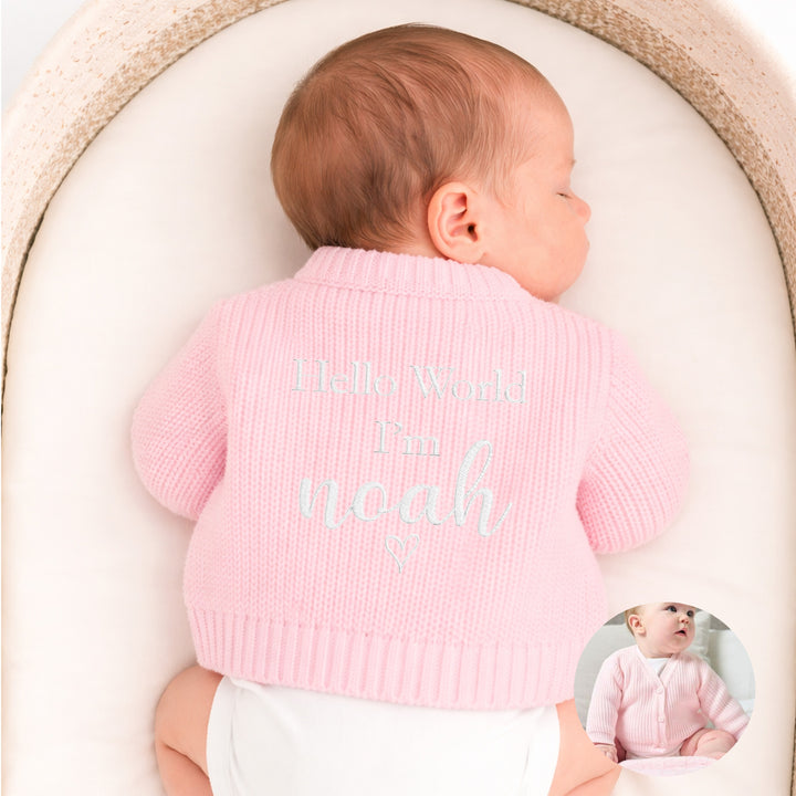 Personalised Embroidered Script Hello World Knitted Cardigan