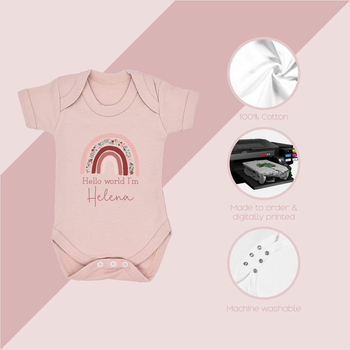 Personalised Hello World Rainbow Pink Babygrow/Vest