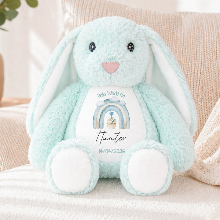 Personalised Blue Cupcake Rainbow Hello World Soft Toy