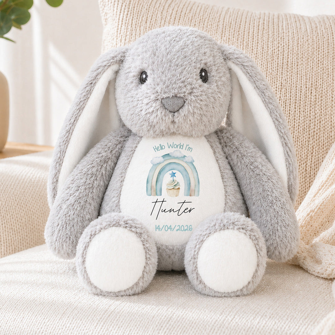Personalised Blue Cupcake Rainbow Hello World Soft Toy