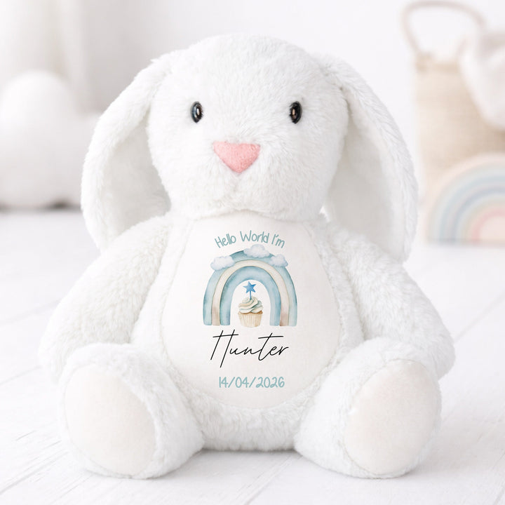 Personalised Blue Cupcake Rainbow Hello World Soft Toy