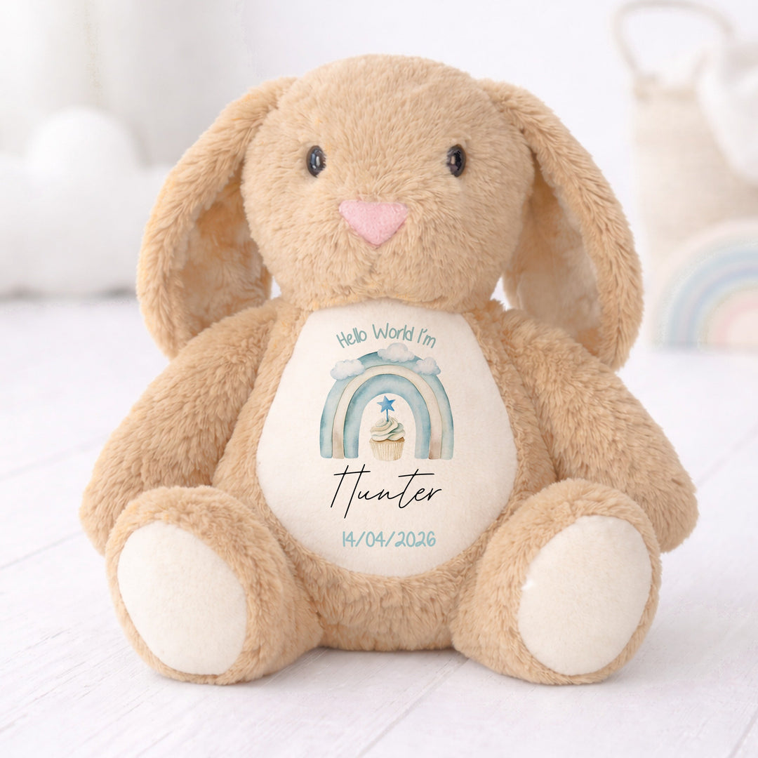 Personalised Blue Cupcake Rainbow Hello World Soft Toy