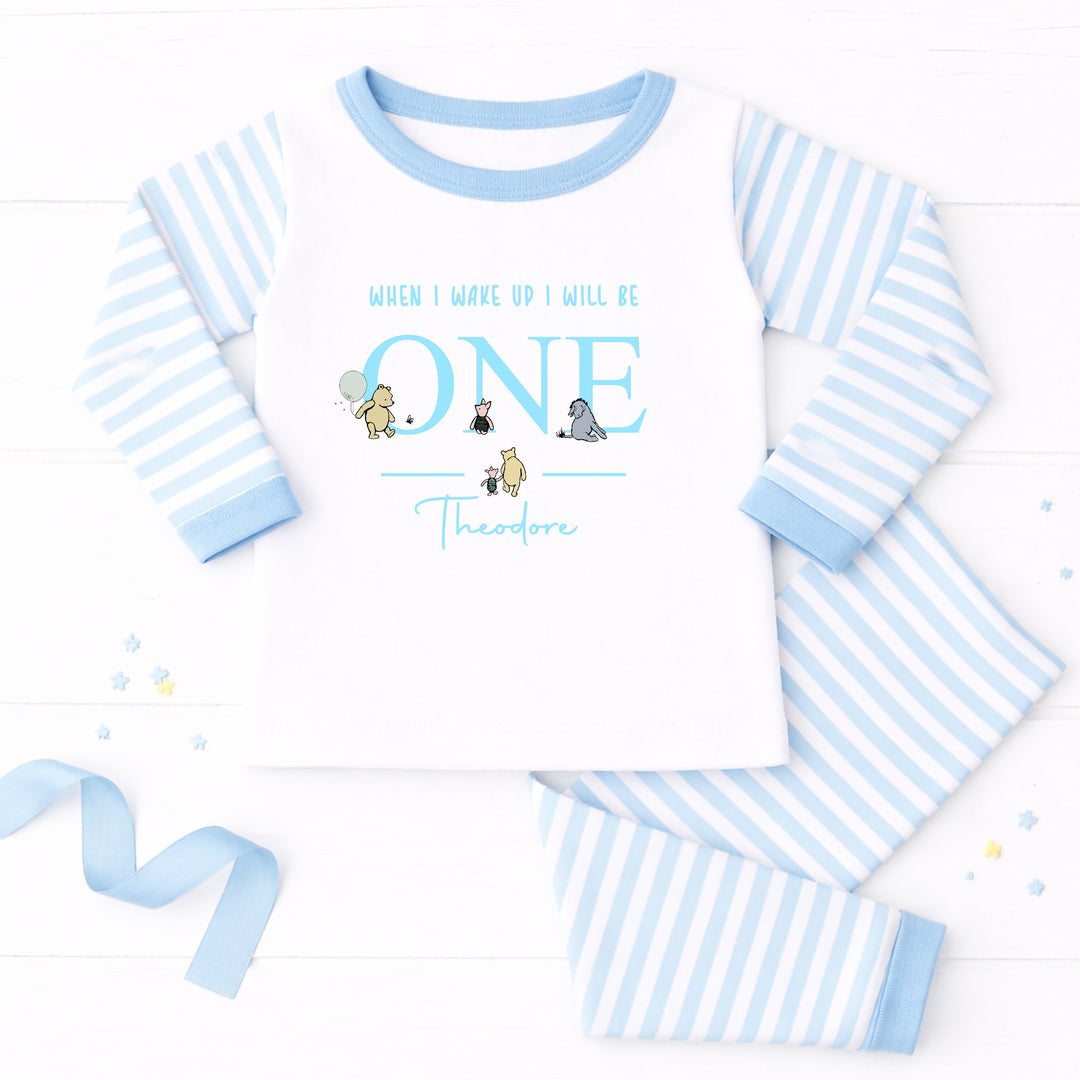 Personalised Blue Pooh Bear When I Wake Up I Will Be One Birthday Pyjamas