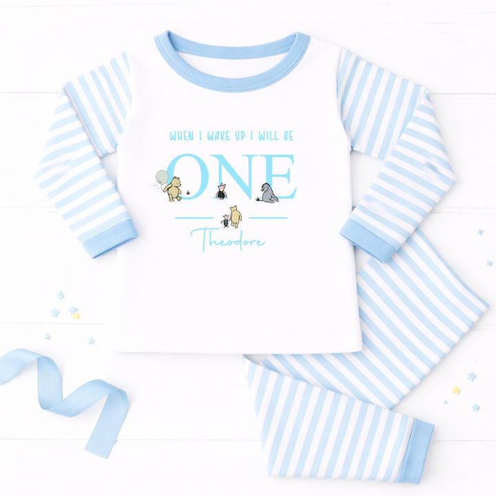 Personalised Blue Pooh Bear When I Wake Up I Will Be One Birthday Pyjamas
