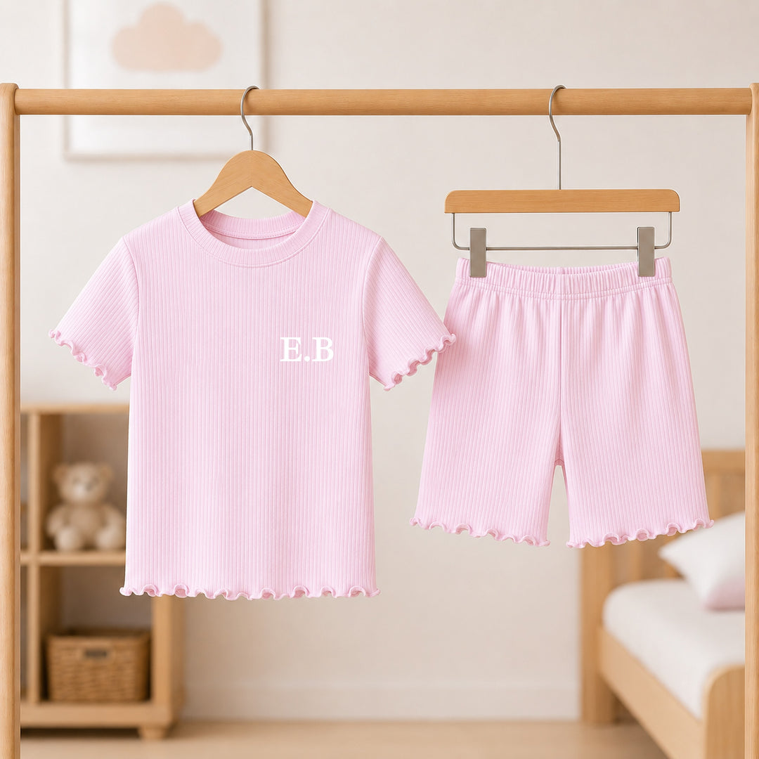 Personalised Initals Girls Frilly Ribbed Shorts Set
