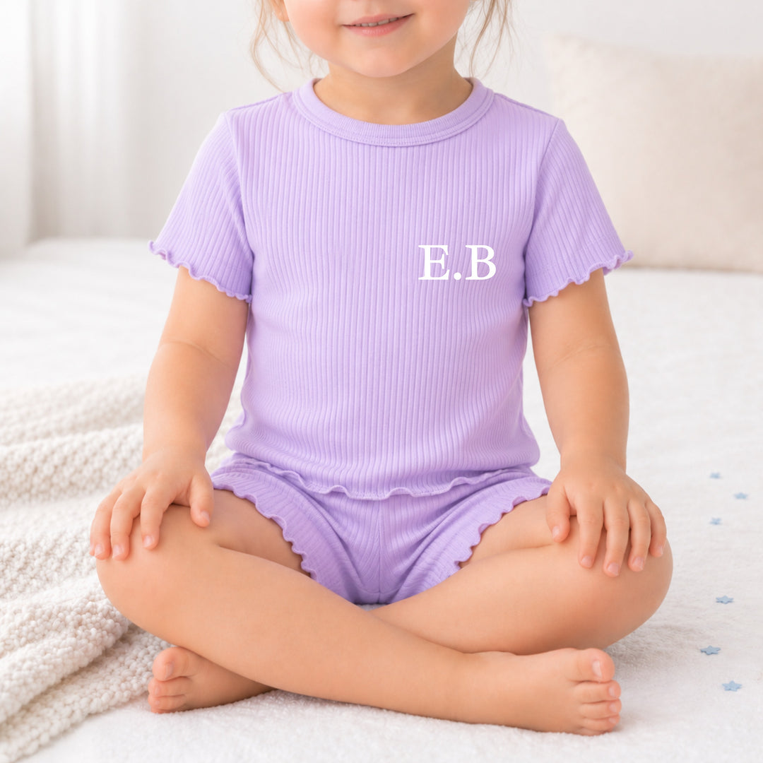 Personalised Initals Girls Frilly Ribbed Shorts Set