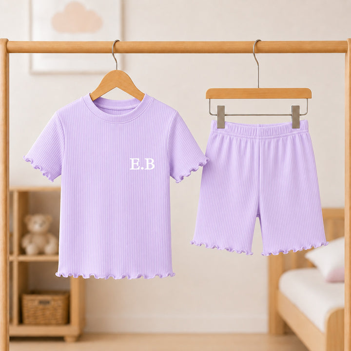 Personalised Initals Girls Frilly Ribbed Shorts Set