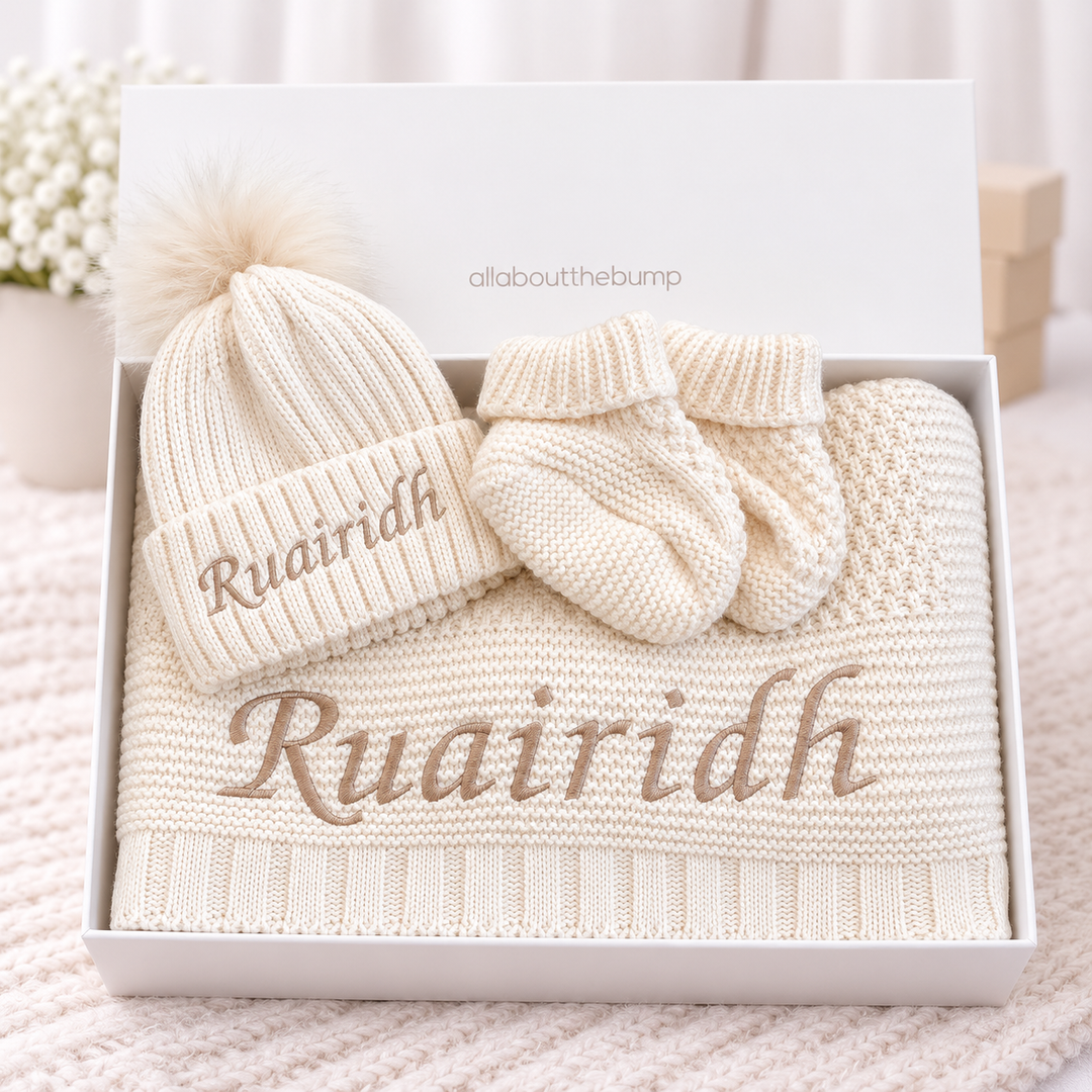 Embroidered Beige Blanket, Hat and Booties Baby Hamper