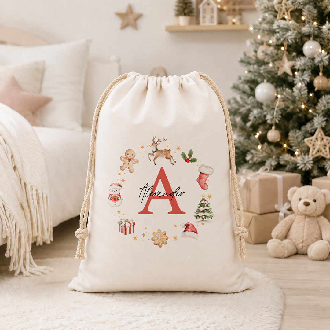 Personalised Gingerbread Wreath Christmas Canvas Santa Sack