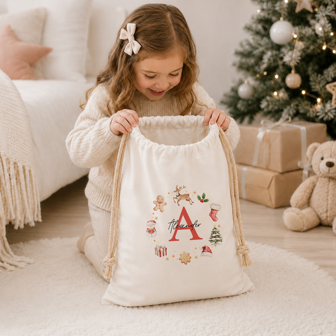 Personalised Gingerbread Wreath Christmas Canvas Santa Sack