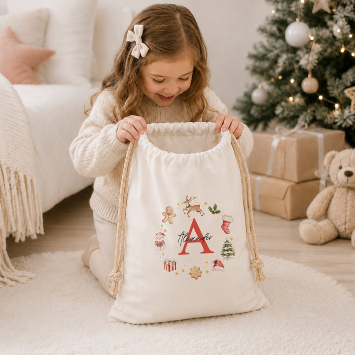 Personalised Gingerbread Wreath Christmas Canvas Santa Sack