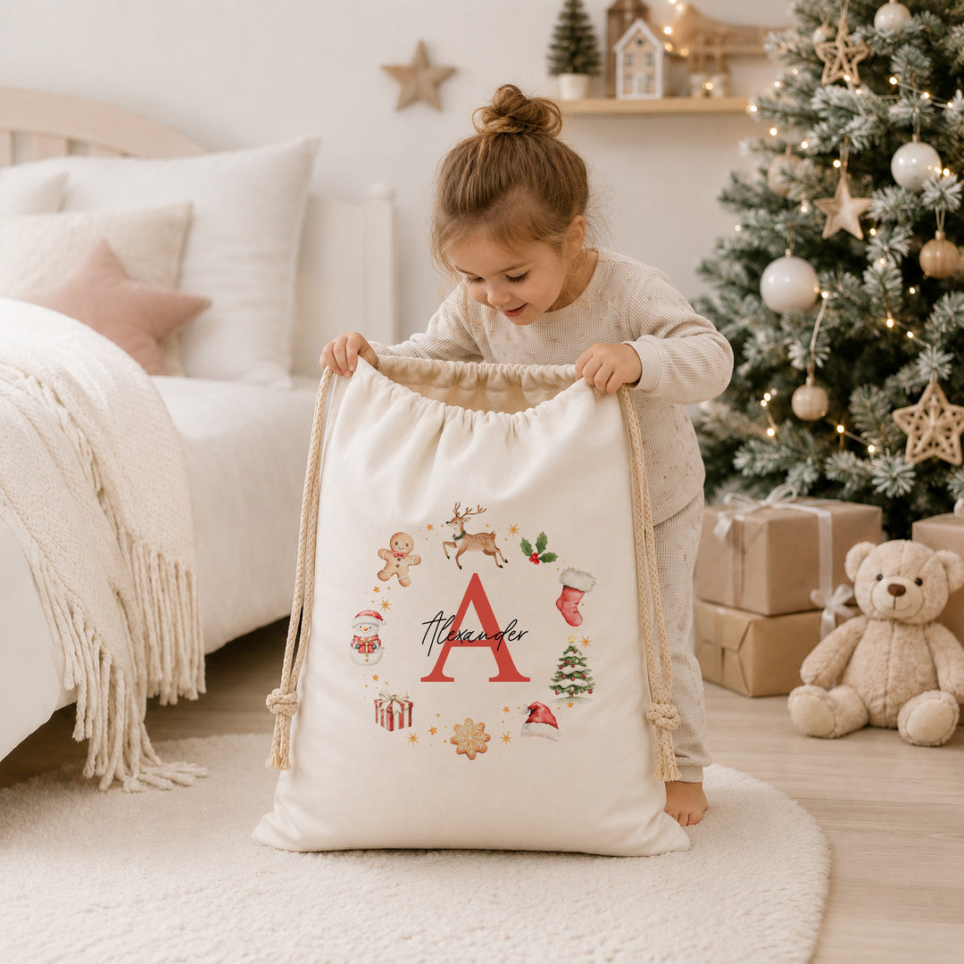 Personalised Gingerbread Wreath Christmas Canvas Santa Sack