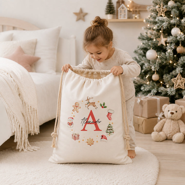 Personalised Gingerbread Wreath Christmas Canvas Santa Sack