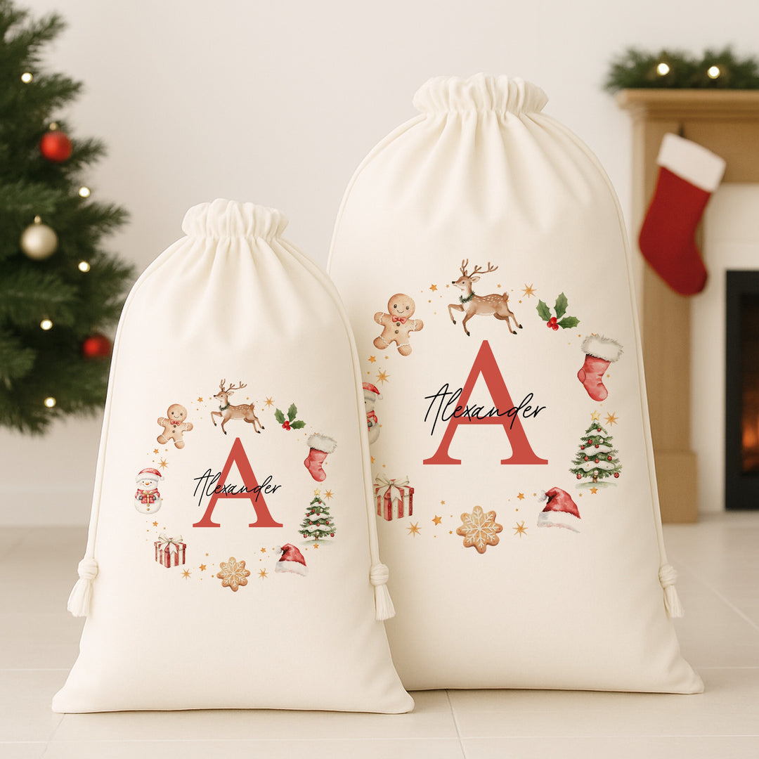 Personalised Gingerbread Wreath Christmas Canvas Santa Sack