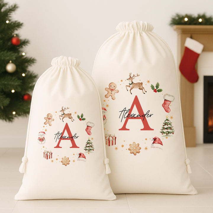 Personalised Gingerbread Wreath Christmas Canvas Santa Sack