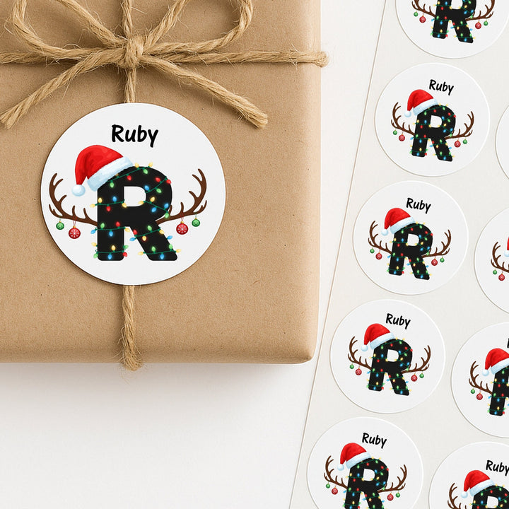 Personalised Initial Reindeer Lights Christmas Stickers