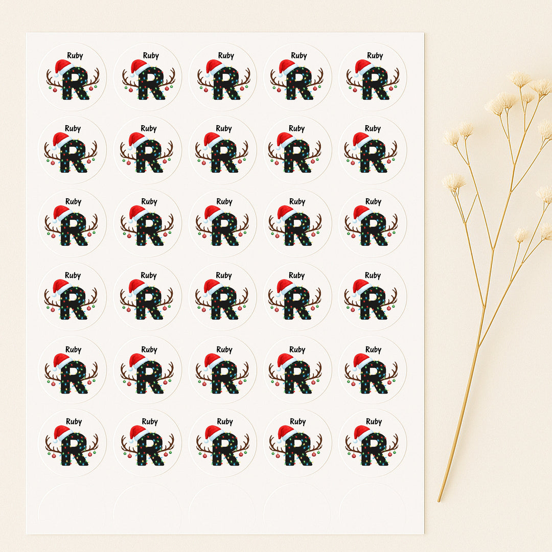 Personalised Initial Reindeer Lights Christmas Stickers